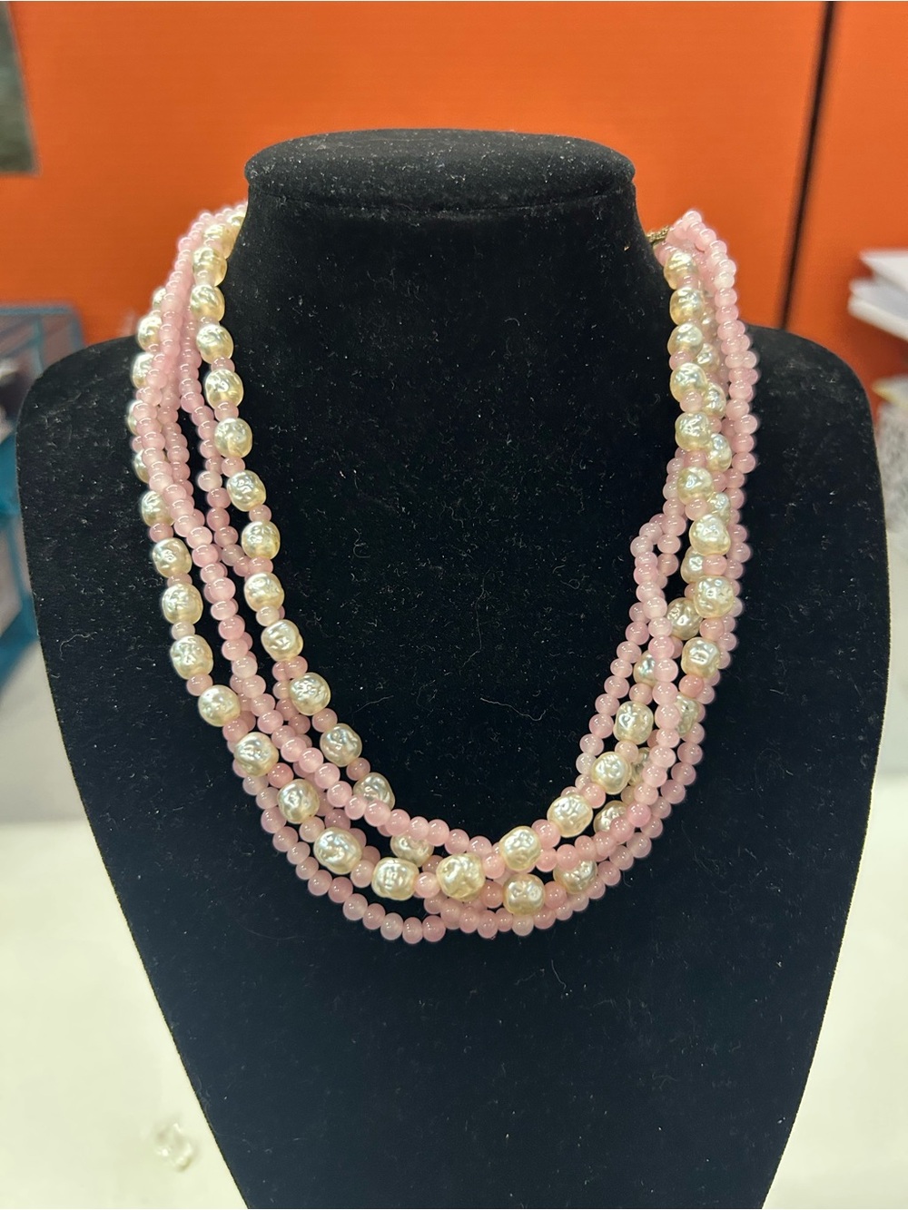 Miriam Haskell pink glass and faux pearl choker length necklace